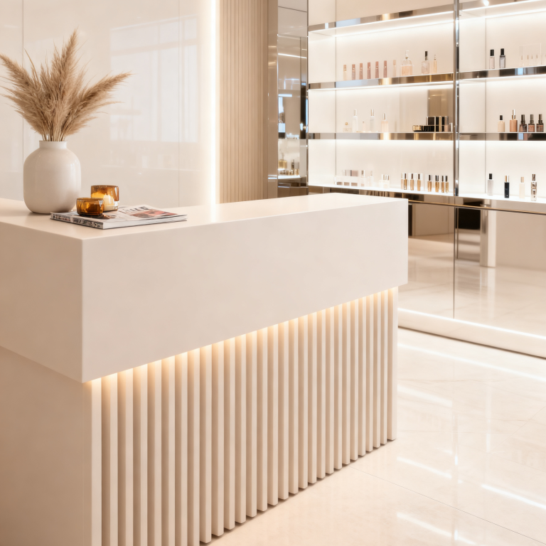 Empfangstresen Kosmetikstudio Holz Design Moderner Empfangstresen für Beauty Studio mit Holzlamellen Design